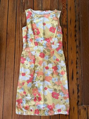 Liz Claiborne Yellow Floral Midi Dress with Coral and White Accents